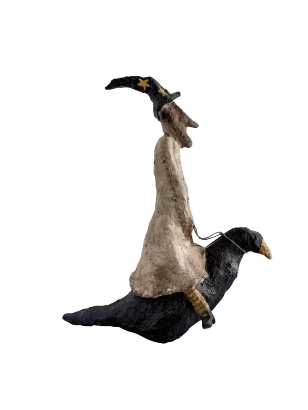 Kevin Smith Folk Art Primitive Halloween Witch Riding on Crow Whimsigoth 12”